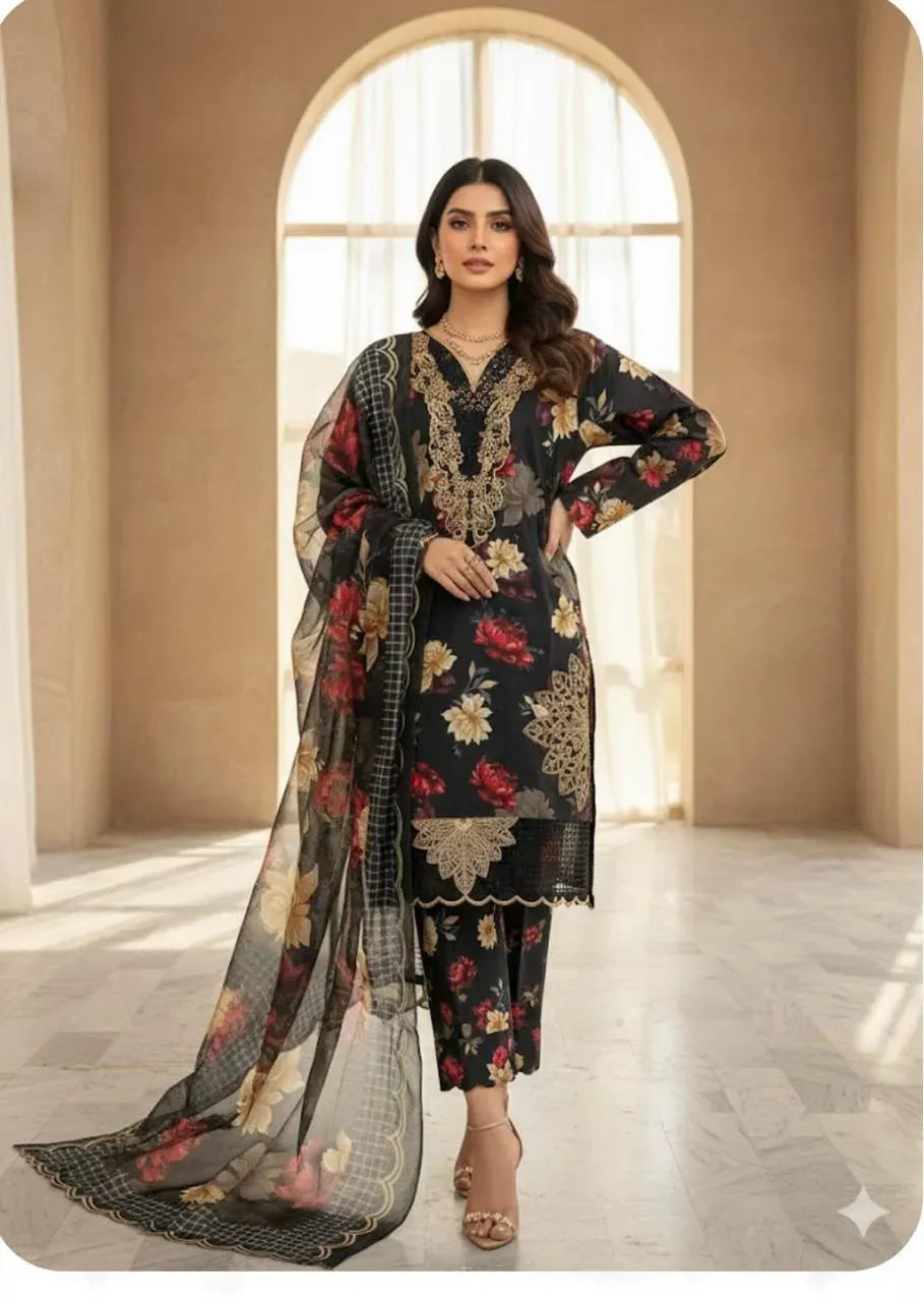 Black Floral 3-Piece Pakistani Suit