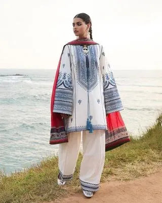 3-Piece Embroidered Lawn Suit Off-White Blue Red