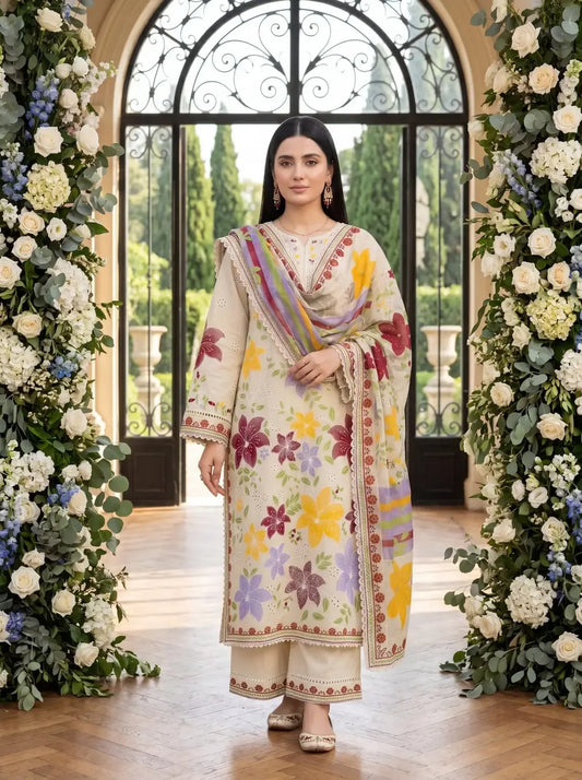 3 Pcs Women's Stitched Cotton Lawn Embroidered Kaftan Suit