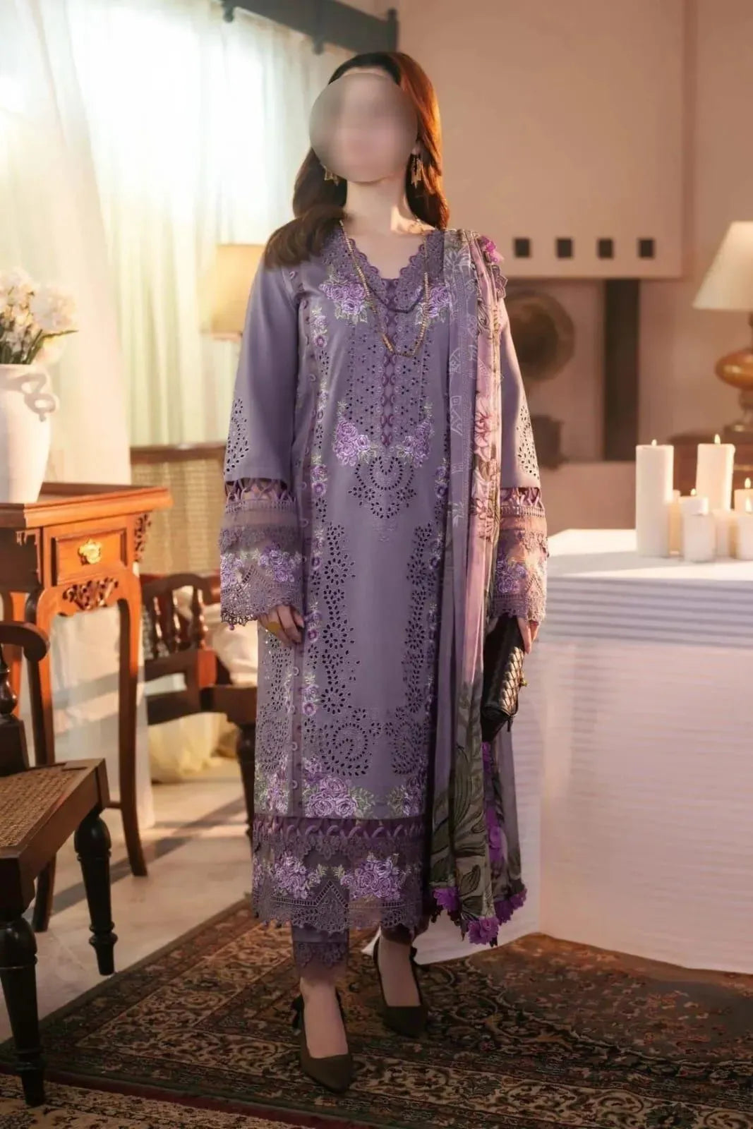 Purple Embroidered 3Pcs Women Suit Set for Eid Party Wear