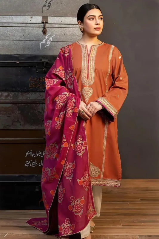 Orange Embroidered 3-Piece Lawn Suit with Magenta Dupatta