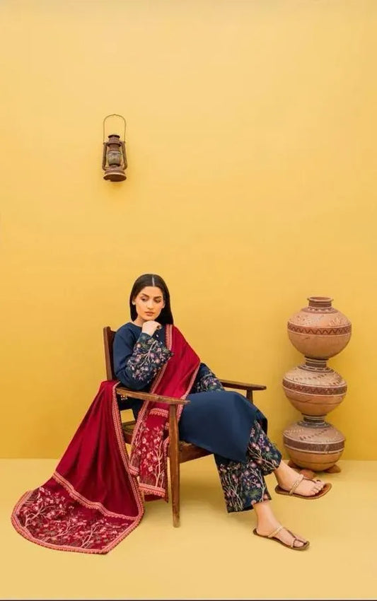 Unstitched 3-Piece Dhanak Suit Blue Embroidered