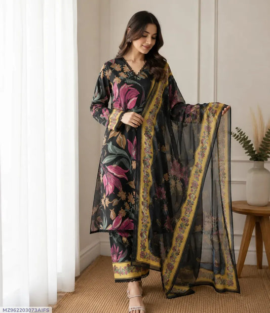 Women's 3-Piece Digital Print Lawn Suit Black