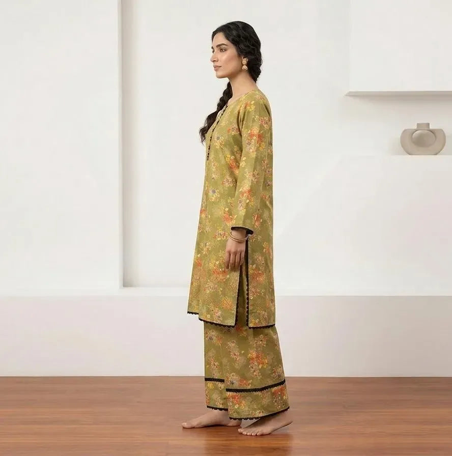 Floral Printed Kurta Pajama Set Green