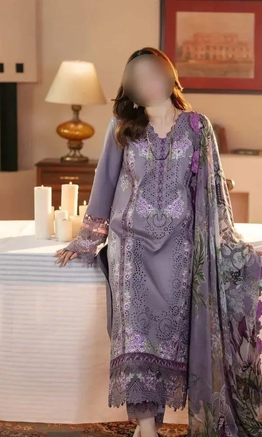 Purple Embroidered 3Pcs Women Suit Set for Eid Party Wear