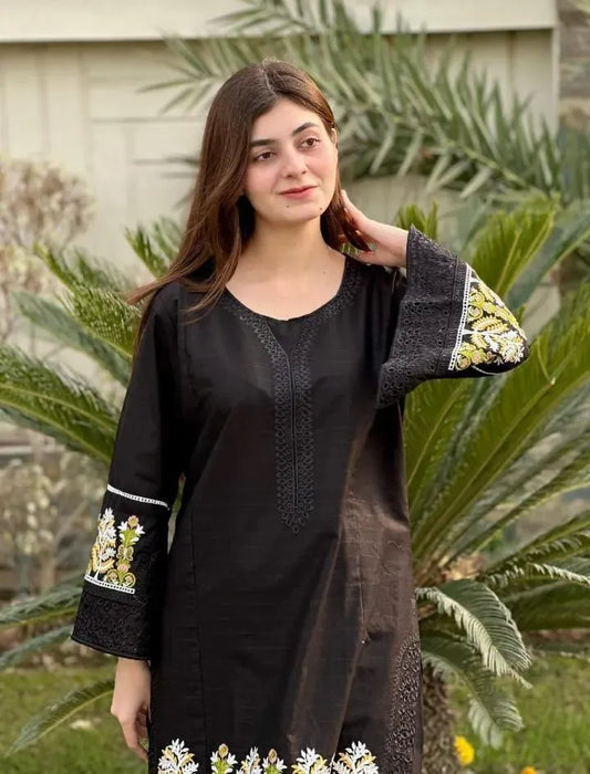 2 Pcs Women's Stitched Linen Embroidered Shirt And Trouser