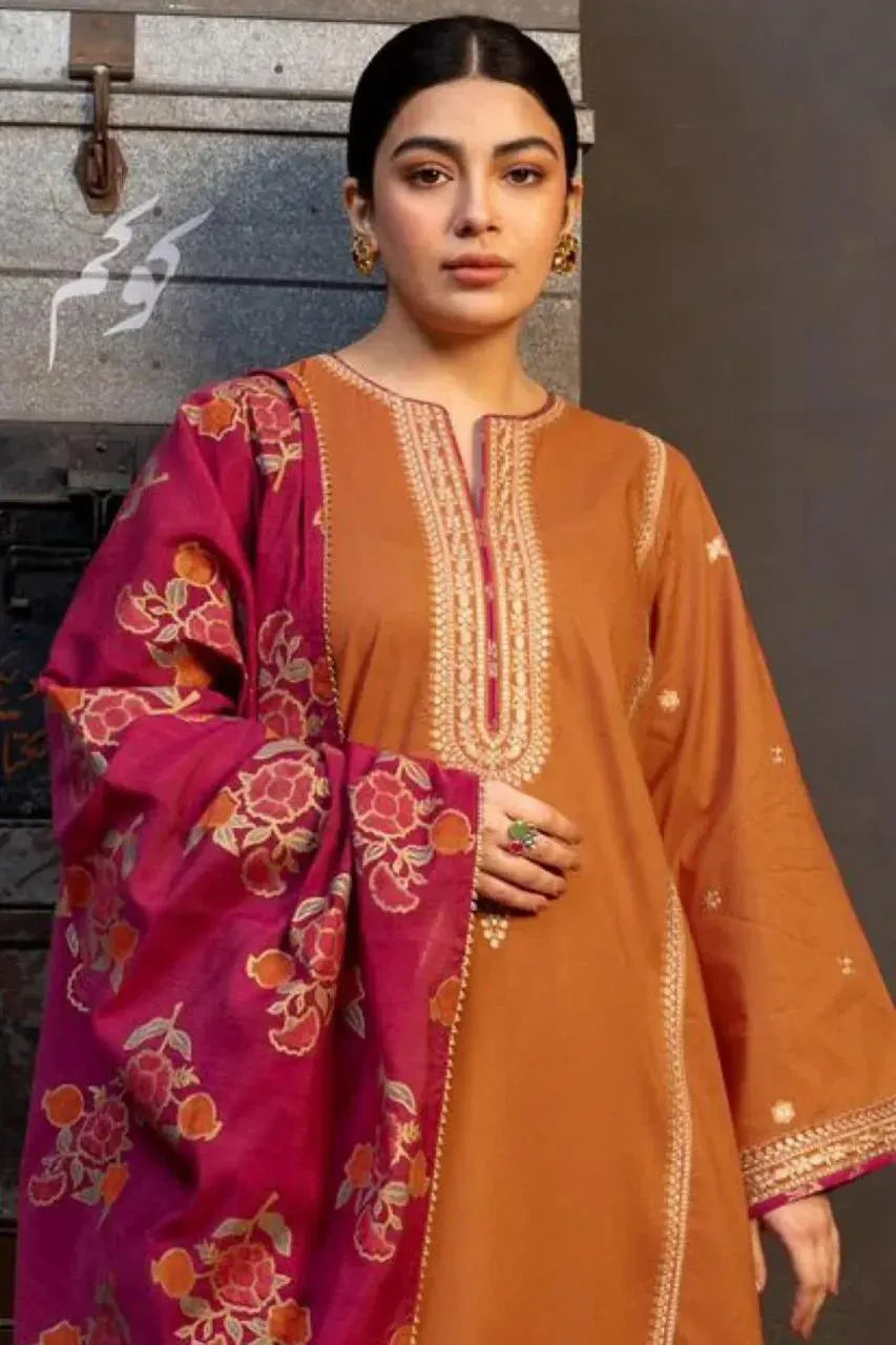 Orange Embroidered 3-Piece Lawn Suit with Magenta Dupatta
