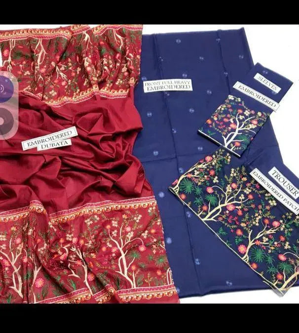 Unstitched 3-Piece Dhanak Suit Blue Embroidered