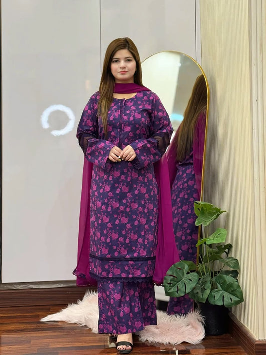 3 PIECE STITCHED LAWN PRINTED DRESS