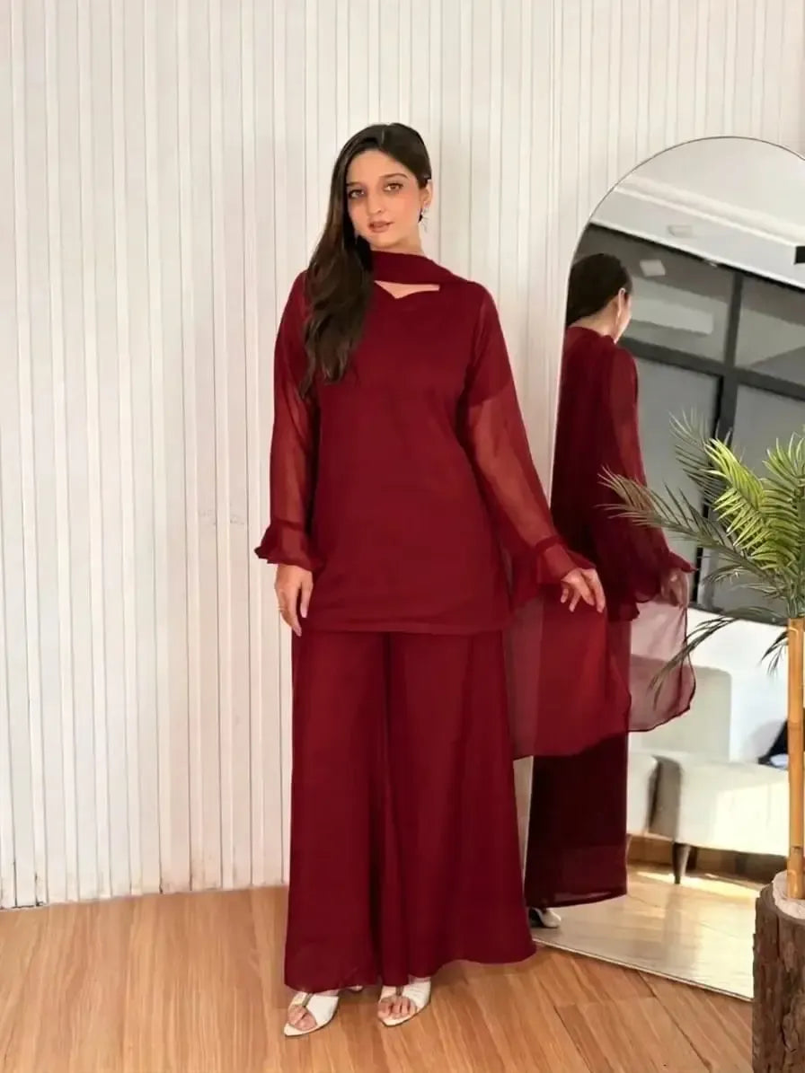 3 Pcs Women's Stitched Chiffon Plain Suit