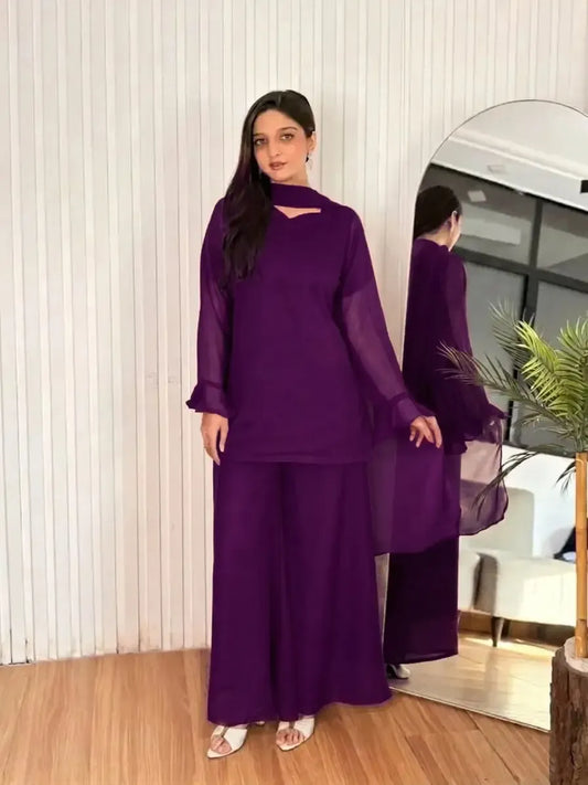 3 Pcs Women's Stitched Chiffon Plain Suit