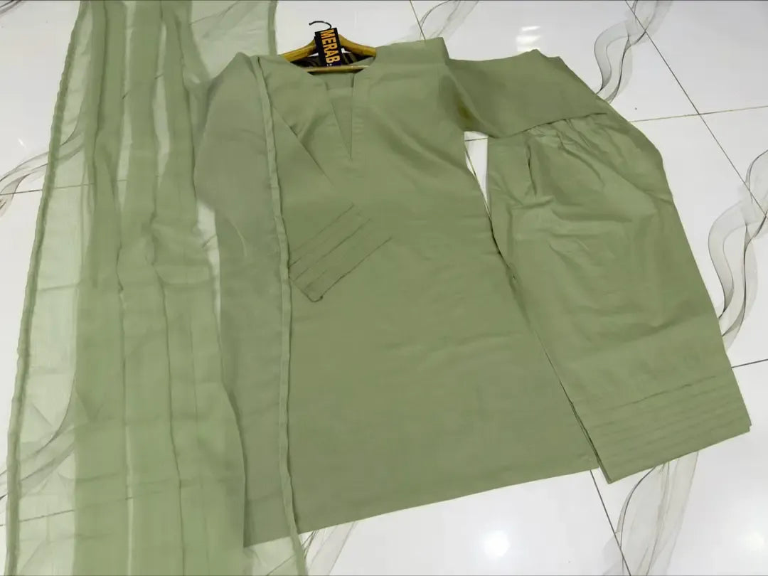 3 Pcs Women's Stitched Cotton Plain Suit