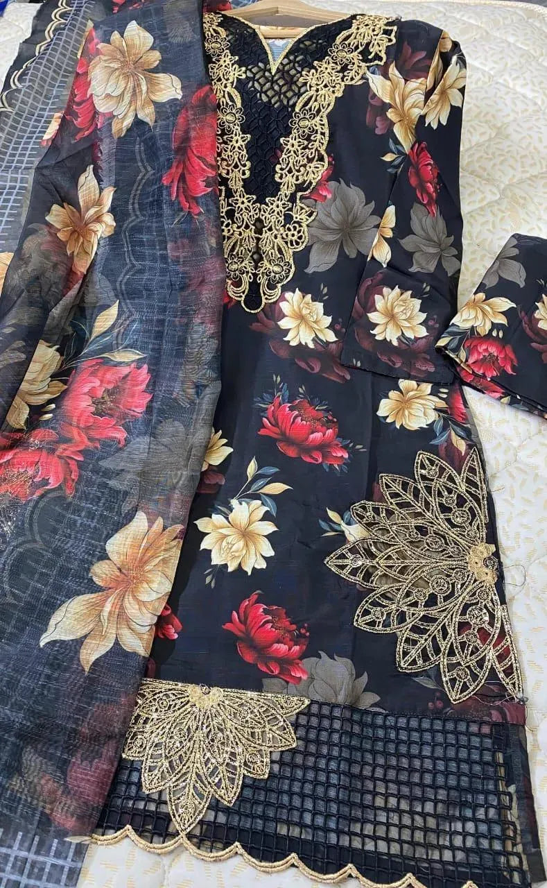 Black Floral 3-Piece Pakistani Suit