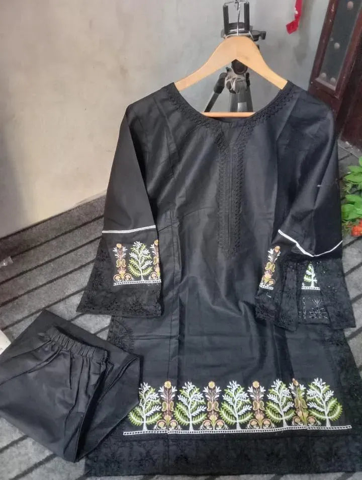 2 Pcs Women's Stitched Linen Embroidered Shirt And Trouser