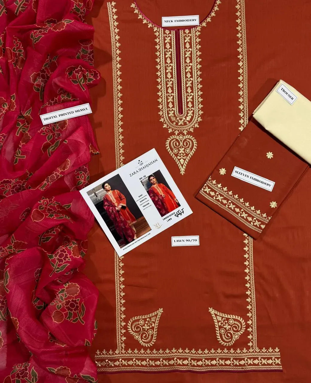 Orange Embroidered 3-Piece Lawn Suit with Magenta Dupatta