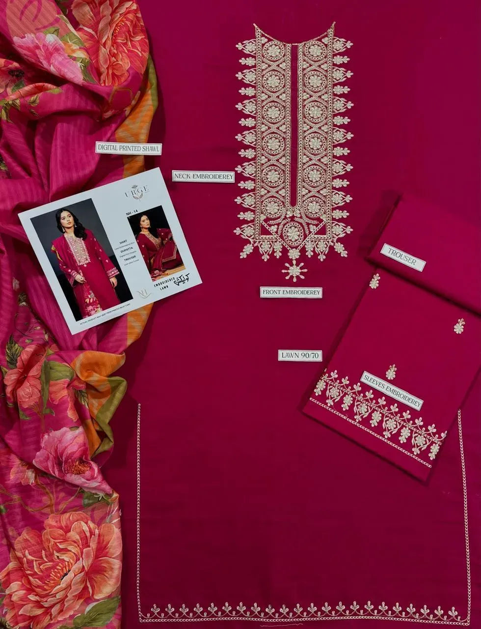 Pink Embroidered Lawn 3Pcs Set for Women