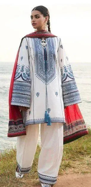 3-Piece Embroidered Lawn Suit Off-White Blue Red