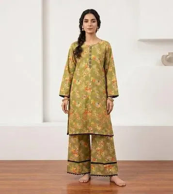 Floral Printed Kurta Pajama Set Green