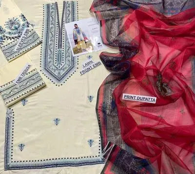 3-Piece Embroidered Lawn Suit Off-White Blue Red